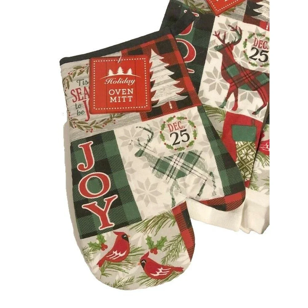 Christmas Tree Kitchen Dish Towels Potholder Oven Mitt Set of 4 Joy Noel
